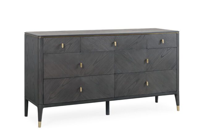 lavish_ A modern Diletta Dressing Chest 7 Drawer - Ebony with brass handles and legs, perfect for Southport-inspired interior design.
