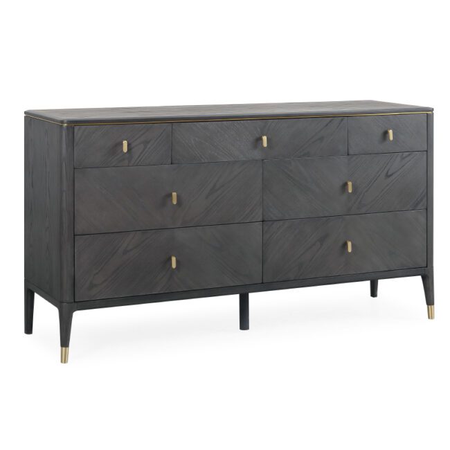 lavish_ A modern black Diletta Dressing Chest 7 Drawer - Ebony with brass handles and leg tips, perfect for enhancing your home decor.