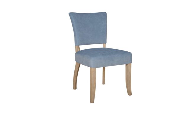 lavish_ A blue upholstered dining chair with wooden legs, perfect for Southport interior design.
