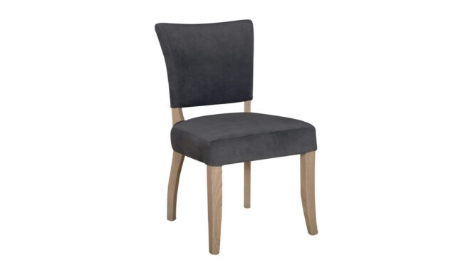 lavish_ A modern gray upholstered Southport dining chair with light wooden legs.