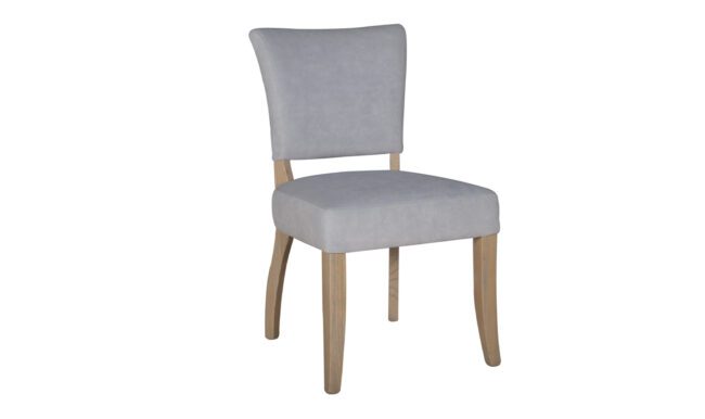 lavish_ A modern grey upholstered dining chair with wooden legs, perfect for Southport interior design settings.
