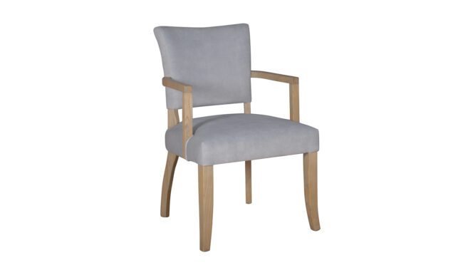lavish_ A modern light gray upholstered southport armchair with wooden legs.