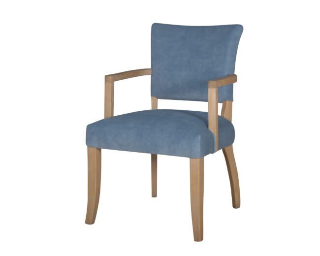 lavish_ Blue upholstered chair with wooden arms and legs, perfect for Southport interior design.