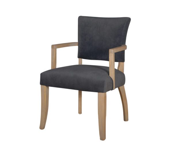 lavish_ A modern armchair with gray upholstery and wooden legs, perfect for any Southport home decor.