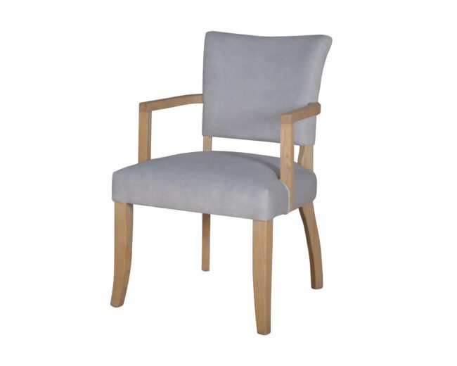 lavish_ Modern gray upholstered southport armchair with wooden legs.