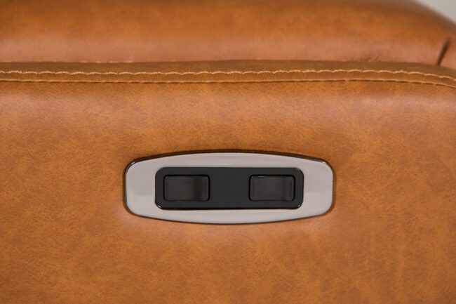lavish_ Close-up of a Luca Electric Reclining Accent Chair - Tan with built-in control buttons, perfect for Southport home decor.
