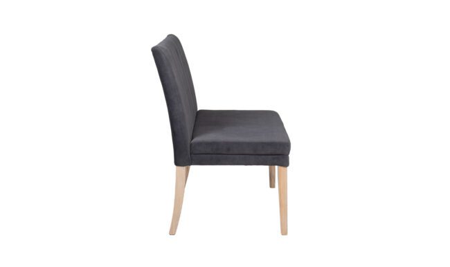 lavish_ Valent Short Bench with dark gray upholstery and light wooden legs, isolated on white background.