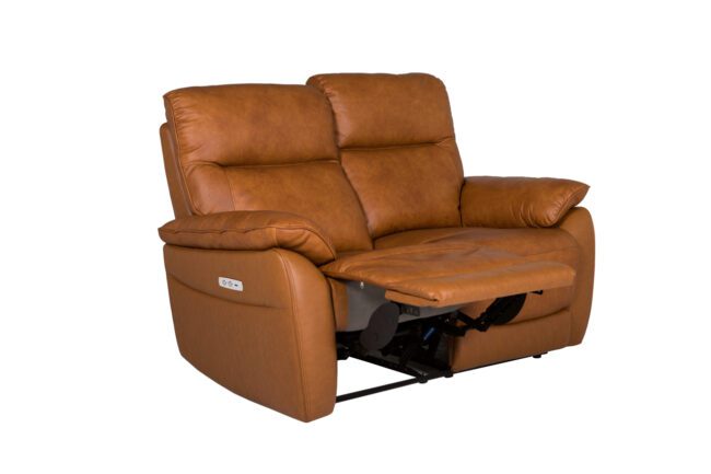 lavish_ Nerano 2 Seater Electric Recliner - Tan leather sofa with an extended footrest on one side, perfect for southport interior design.