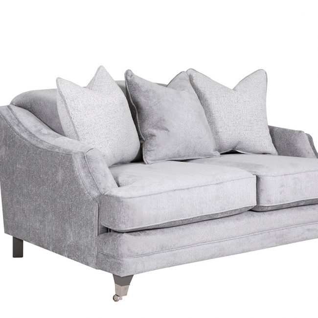 lavish_ Gray two-seater sofa with cushions on a Southport white background.