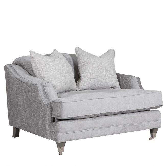 lavish_ A gray two-seater sofa with cushions, perfect for southport interior design, on a white background.