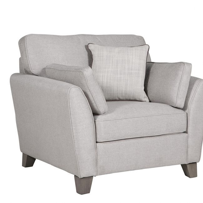 lavish_ A modern gray fabric armchair with a matching cushion against a white background, perfect for enhancing your home decor and improving your interior design.