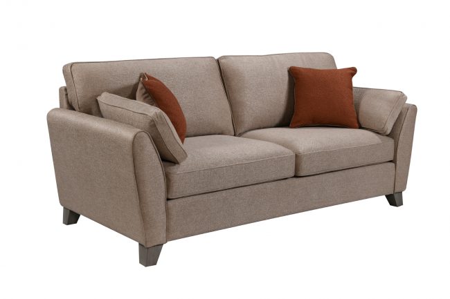 lavish_ Beige upholstered Southport loveseat with two accent pillows on a white background.
