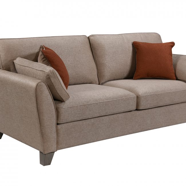 lavish_ Beige upholstered Southport loveseat with two accent pillows on a white background.