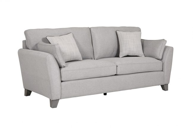 lavish_ A modern gray two-seater sofa with cushions, ideal for home decor, on a white background.