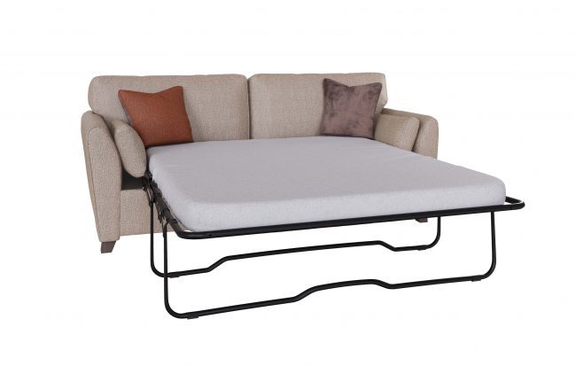 lavish_ Beige sofa with pull-out bed extended and cushions, perfect for a Southport home decor.