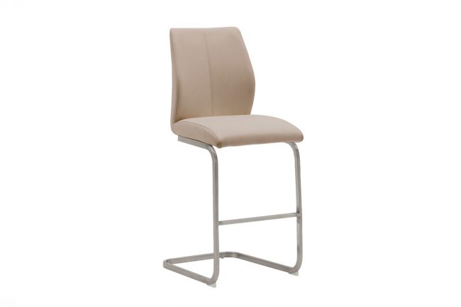 lavish_ Beige upholstered Southport bar stool with a high backrest and metal frame.