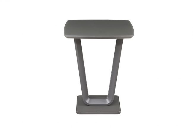 lavish_ A modern Lazzaro bar table with a graphite grey matt seat and a t-shaped base against a white background.