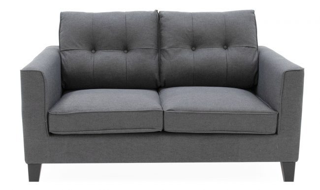 lavish_ A modern Astrid 2 Seater Sofa Charcoal with button-tufted backrest and armrests perfect for interior design.