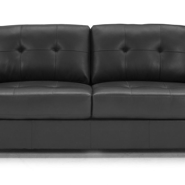 lavish_ Black leather two-seater sofa, a piece of furniture, against a white background.