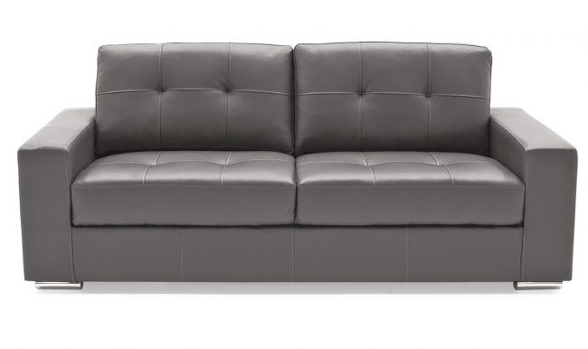 lavish_ A modern black leather two-seater sofa perfect for home decor, isolated on a white background.
