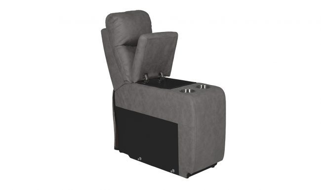 lavish_ Gray recliner chair with built-in cup holders, perfect for home decor, on a white background.