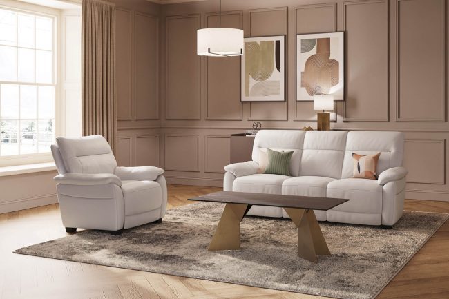 lavish_ Modern living room featuring a Nerano 3 Seater Sofa - Cashmere, wooden coffee table, and beige walls with decorative artwork inspired by Southport home decor.