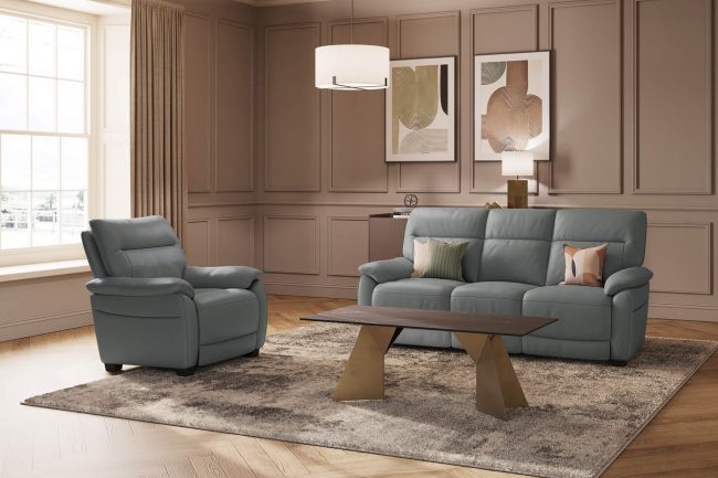 lavish_ Modern living room interior design with a Nerano 3 Seater Sofa - Steel, wooden coffee table, and neutral color scheme.