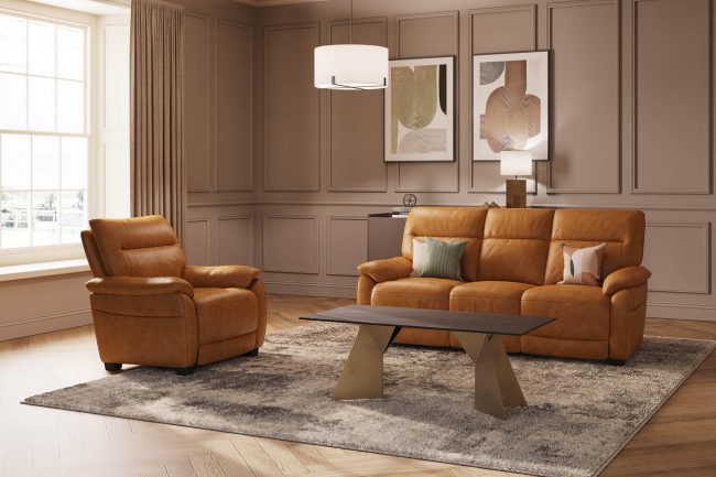 lavish_ Southport contemporary living room with Nerano 1 Seater Sofa - Tan and a geometric coffee table.