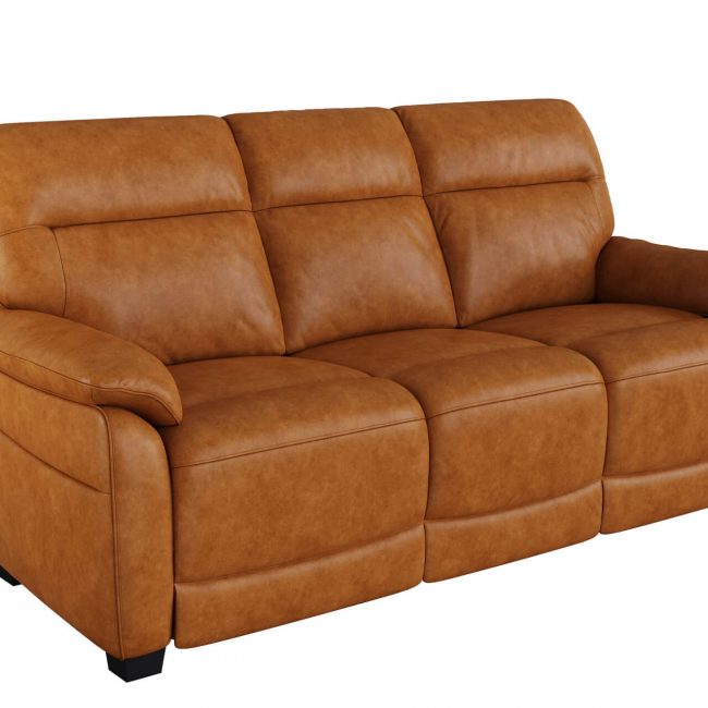 lavish_ Three-seater tan leather sofa, a perfect piece of Nerano furniture, on a white background.