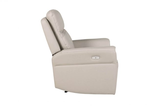 lavish_ Beige recliner chair, an essential piece of home decor furniture, with an extended footrest and side control buttons, isolated on a white background.