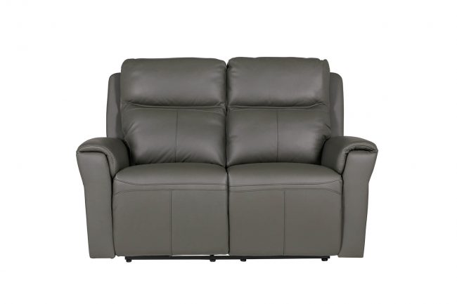 lavish_ A gray leather two-seater sofa, perfect for Southport home decor, against a white background.