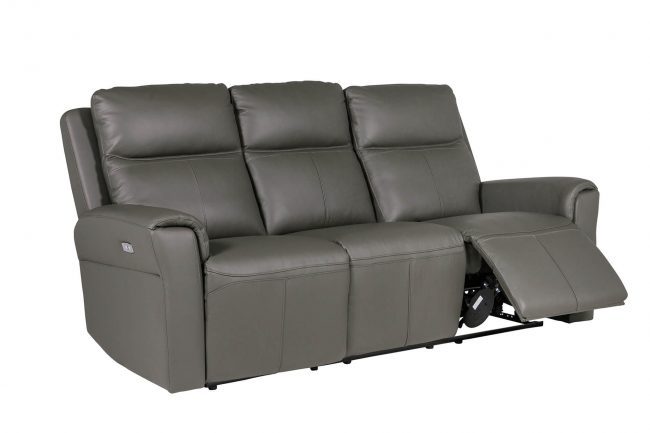 lavish_ A gray leather reclining sofa with three seats and an extended footrest on one end, perfect for Southport home decor.
