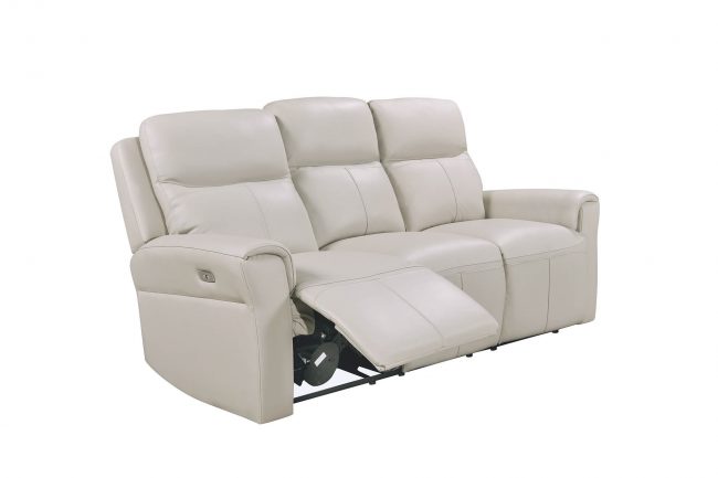 lavish_ A light-colored leather recliner sofa with extended footrests, perfect for Southport home decor.