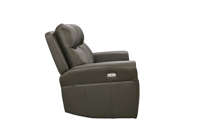 lavish_ A modern gray leather recliner chair, perfect for any home decor, with an extended headrest and visible recline button on the side.