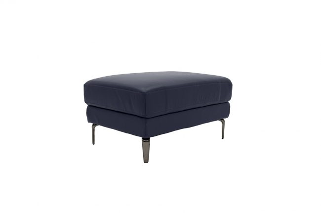 lavish_ Blue upholstered ottoman on metallic legs against a white background, perfect for southport home decor.