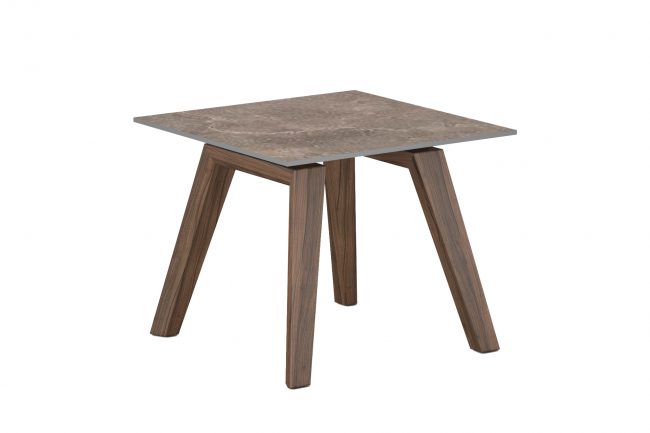 lavish_ A modern Axton Lamp Table Latte with dark wood legs and a square, stone-textured seat.