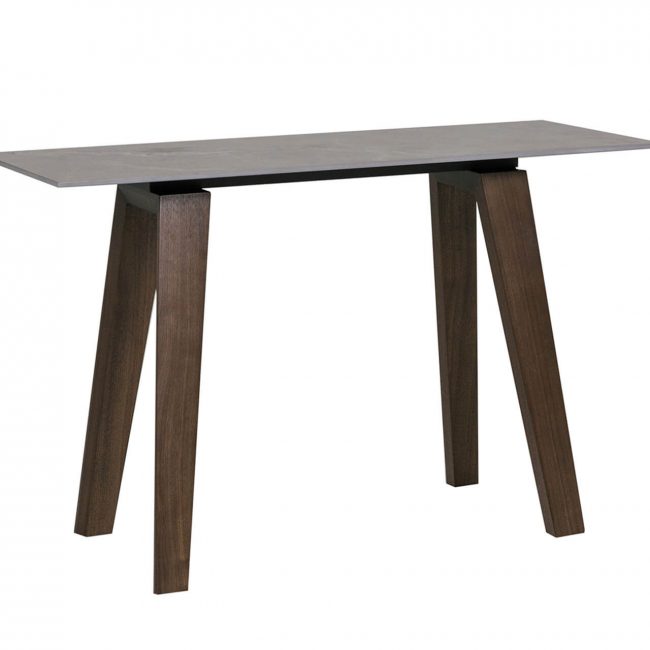 lavish_ A modern Axton console table Latte with a rectangular top and angular wooden legs.
