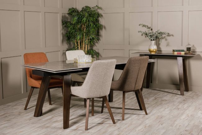 lavish_ Modern dining room with a black table and a mix of grey and Axton Dining Chairs - Rust, accented by indoor plants and neutral-toned decor.