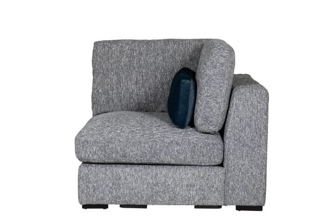 lavish_ Gray armchair with a blue cushion against a white background.