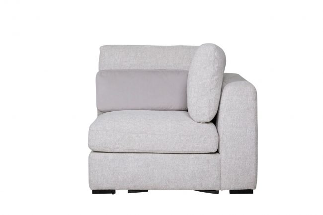 lavish_ Single gray upholstered armchair with cushion on a white background.