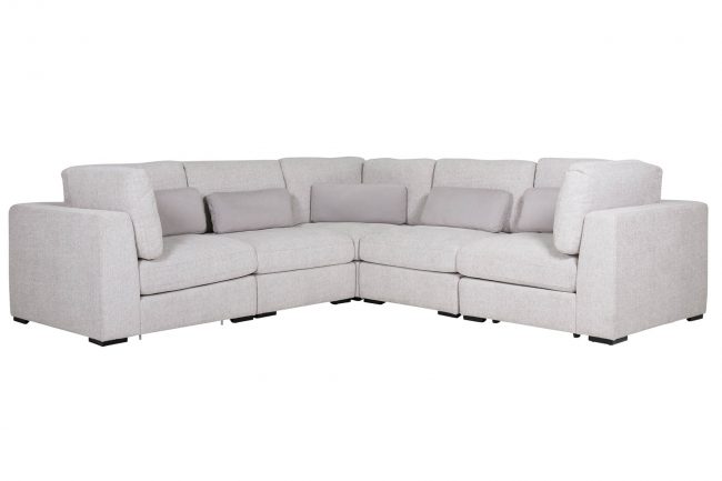 lavish_ Light gray corner sectional sofa with multiple cushions.