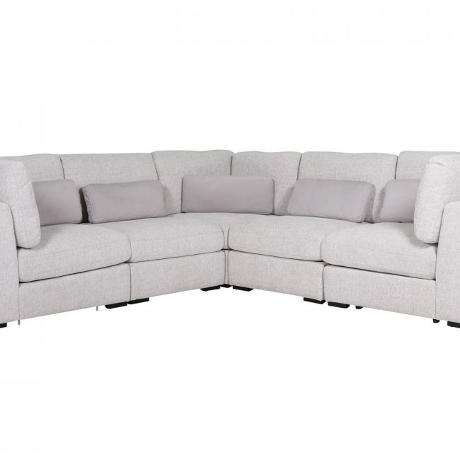 lavish_ Light gray corner sectional sofa with multiple cushions.