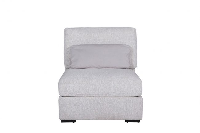lavish_ A single gray upholstered armless chair with a cushion against a white background.
