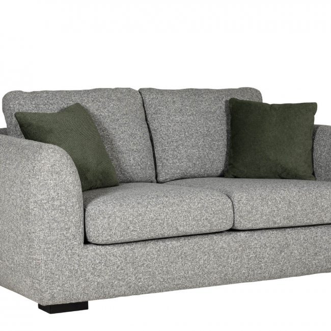 lavish_ A Spencer 2 Seater Grey with two green throw pillows on a white background.