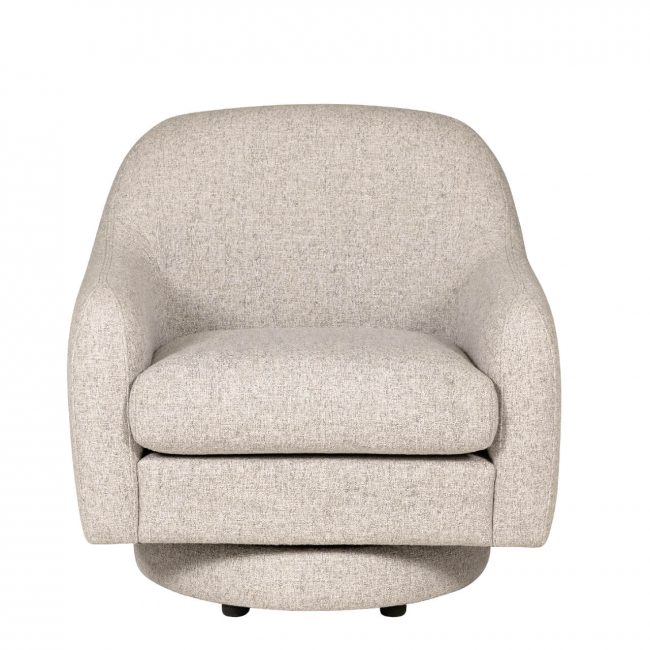 lavish_ A Spencer Swivel Accent Chair Natural with a light grey upholstered swivel chair with a curved backrest and rounded armrests.
