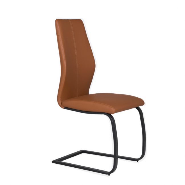 lavish_ A modern, brown, Alt Dining Chair - Tan with a high backrest and black metal frame.