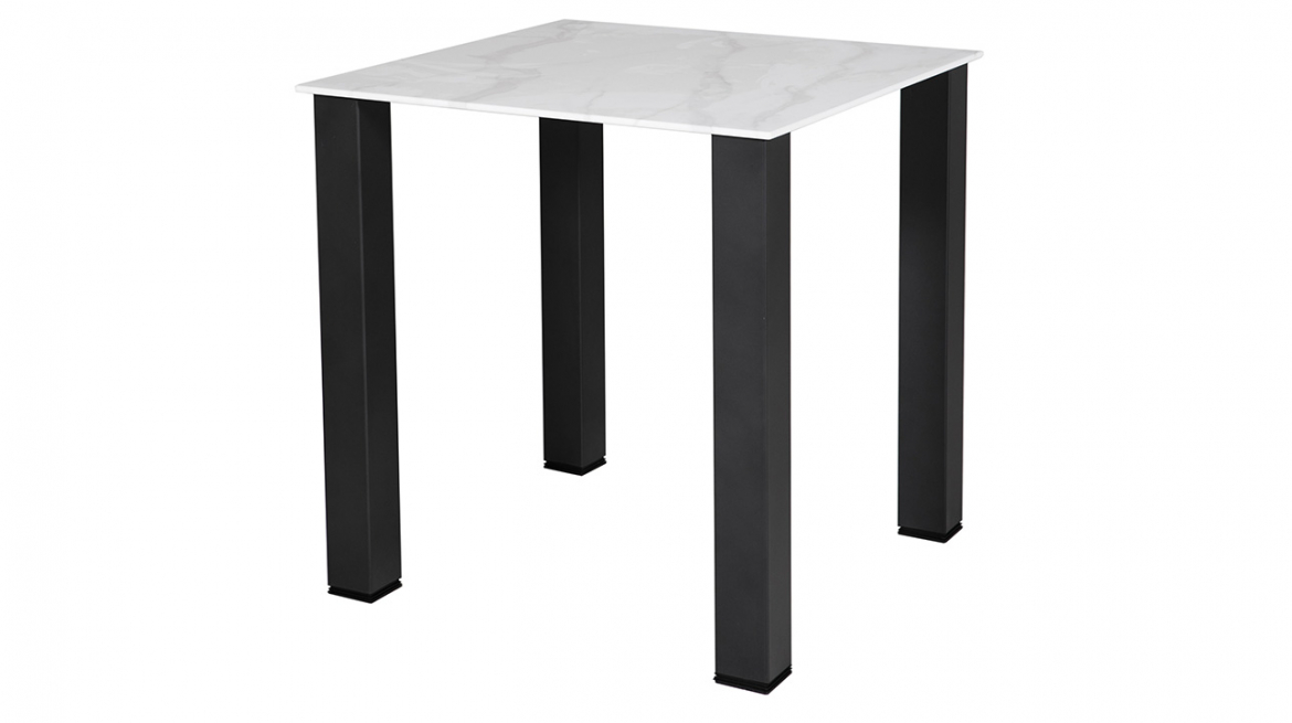 lavish_ A small Circe 750 Dining Table White with a white marble top and black metal legs.