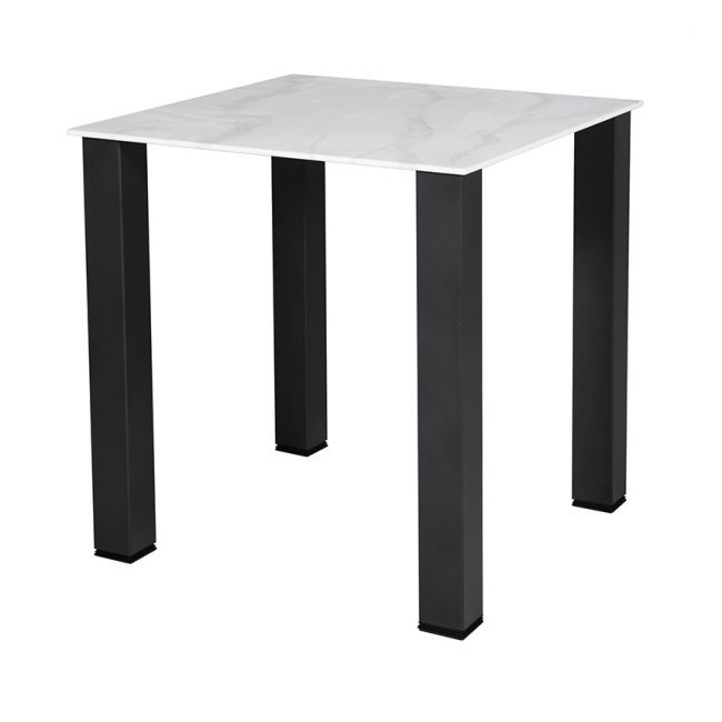lavish_ A small Circe 750 Dining Table White with a white marble top and black metal legs.