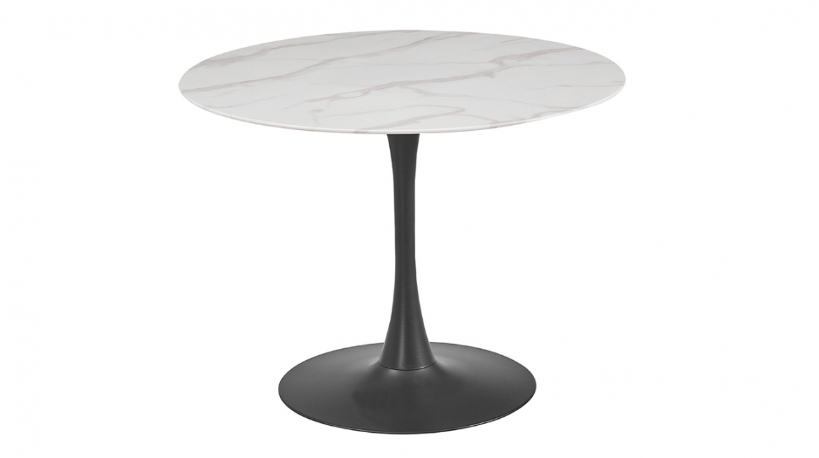 lavish_ A round, white Circe 800 Dining Table White with a black, slender stem and round base.