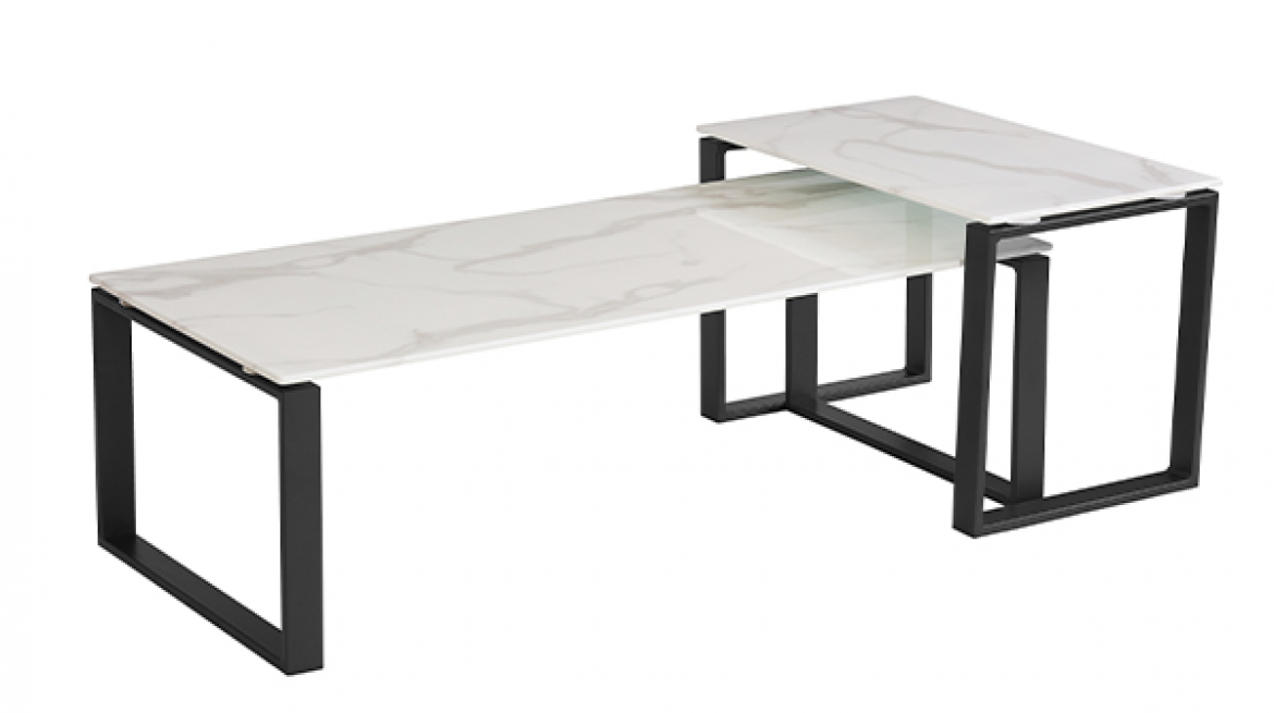 lavish_ A modern Circe Coffee Table White featuring a white marble-like surface and black metal legs with an interlocking design.